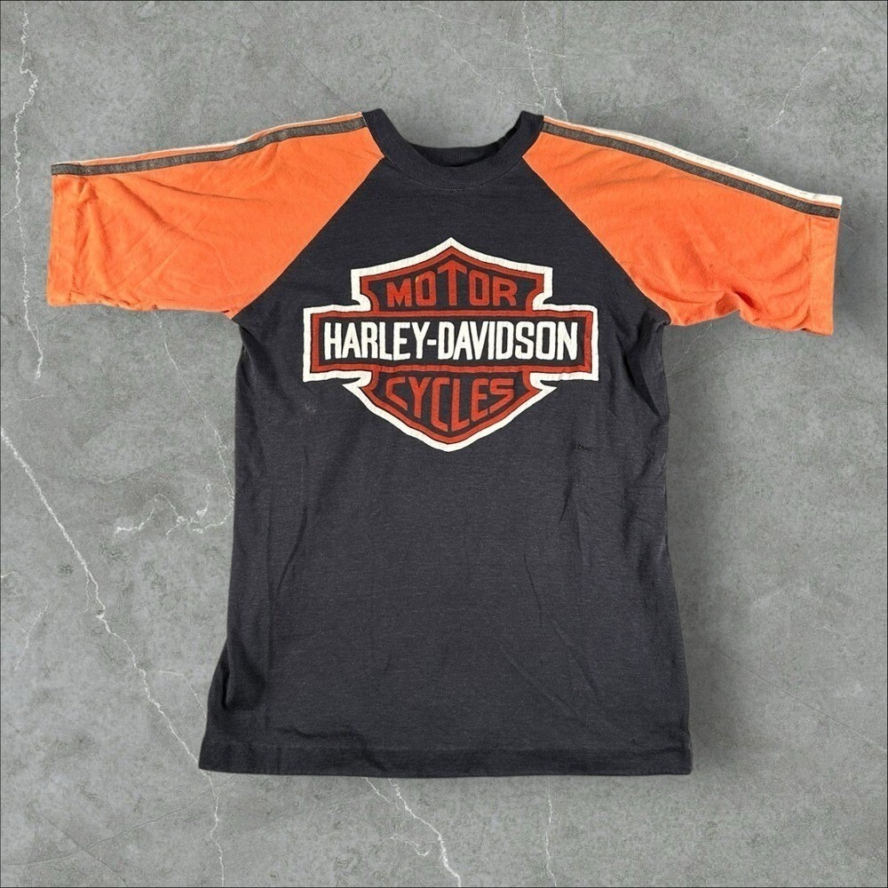 Vintage Harley Davidson Shirt Mens Small Black Orange Raglan 1970s Shield Logo